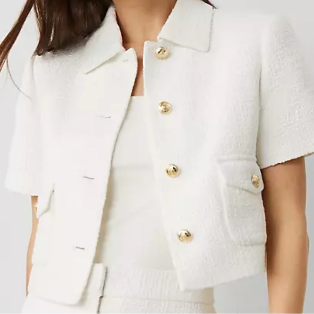 Ann Taylor White Short-Sleeve Blazer Tweed with Gold Buttons